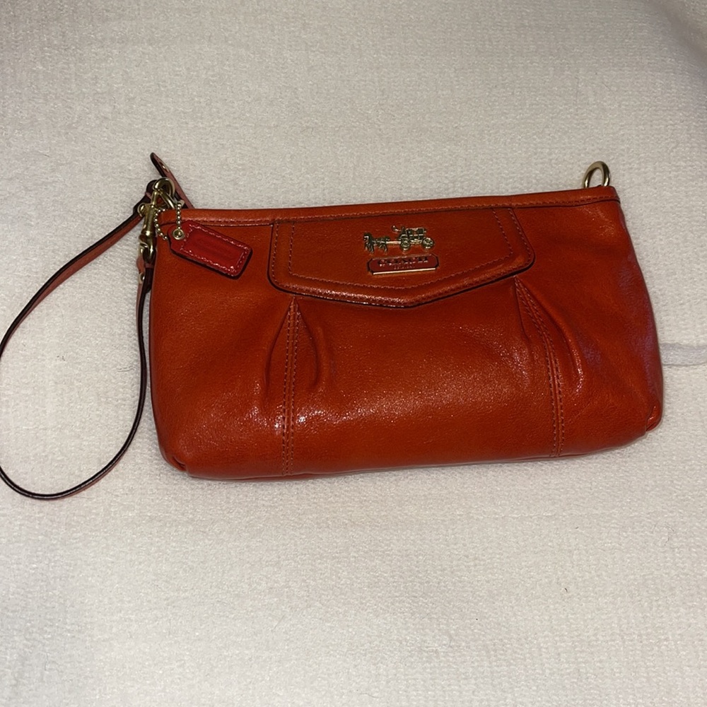 NWOT Coach Madison Leather Burnt Sienna Rust Orange Pleated Large Wristlet